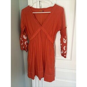 Voile Blanche Orange Embroidered Floral 3/4 Sleeve Dress Size Small